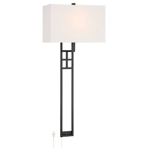 Possini Euro Design Ventano Modern Wall Lamp Matte Black Metal Plug-in 16" Light Fixture White Linen Shade for Bedroom Living Room House Hallway - 1 of 4