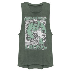 Juniors Womens Marvel Hulk St. Patrick's Day Comic Incredibly Lucky Festival Muscle Tee - 1 of 4