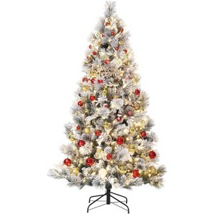 7FT Prelit Slim Snow Flocked Fraser Fir Artificial Christmas Tree with Warm White Lights, Hinged Branches & 800 Tips, Includes Metal Stand - 1 of 4