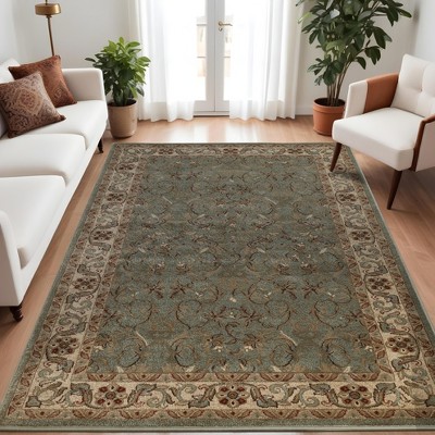 Traditional Dark Green Floral Scroll Synthetic Area Rug, 4' x 6'