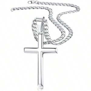 Cross Necklace, Beveled Edge, 5mm Stainless Steel, Non - Tarnish, Cuban Link Curb Chain, 16 - 30 Inches for Men Women - 1 of 4