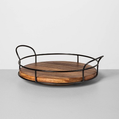 American Atelier Round Wooden Tray, Natural Finish Metal Twig Designed  Handles, Great Centerpiece & Gift Idea,14.9