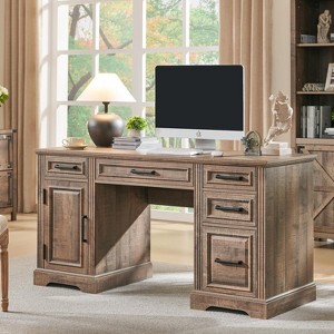 SinCiDo 58" Farmhouse Executive Desk, Embossed Texture Computer Desk with Drawers & Cabinet, Writing Table for Home Office - 1 of 4