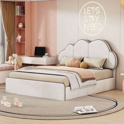 NicBex Queen Size Velvet Upholstered Platform Bed Frame with Cloud-Shaped Headboard,No Box Spring Needed,Easy Assembly,Beige/Gray