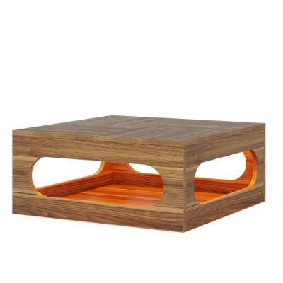 Resenkos Center Coffee Table, Living Room Table,2-Tier Coffee Table, Wood Square Center Tea Table with LED Strip Light Brown