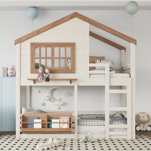 TIRAMISUBEST Twin/Full House Design Bunk Bed / Loft Bed with Floor Bed, Kids Bed Frame with Bookshelf, Ladder & Guardrail - 1 of 4
