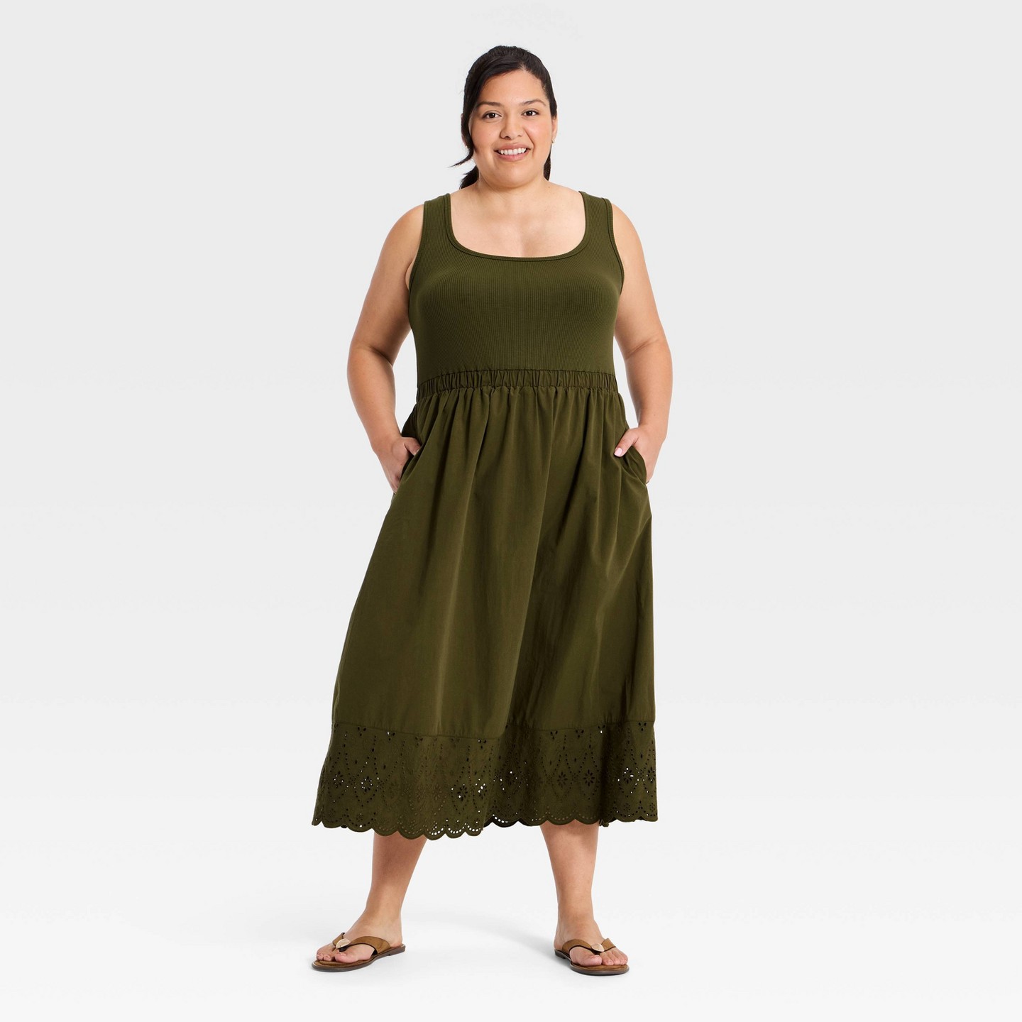 Женские платья Ava & Viv Plus Sleeveless Ribbed Square Neck Midi Summer Dress - Ava & Viv™ Olive 1X — фото 1