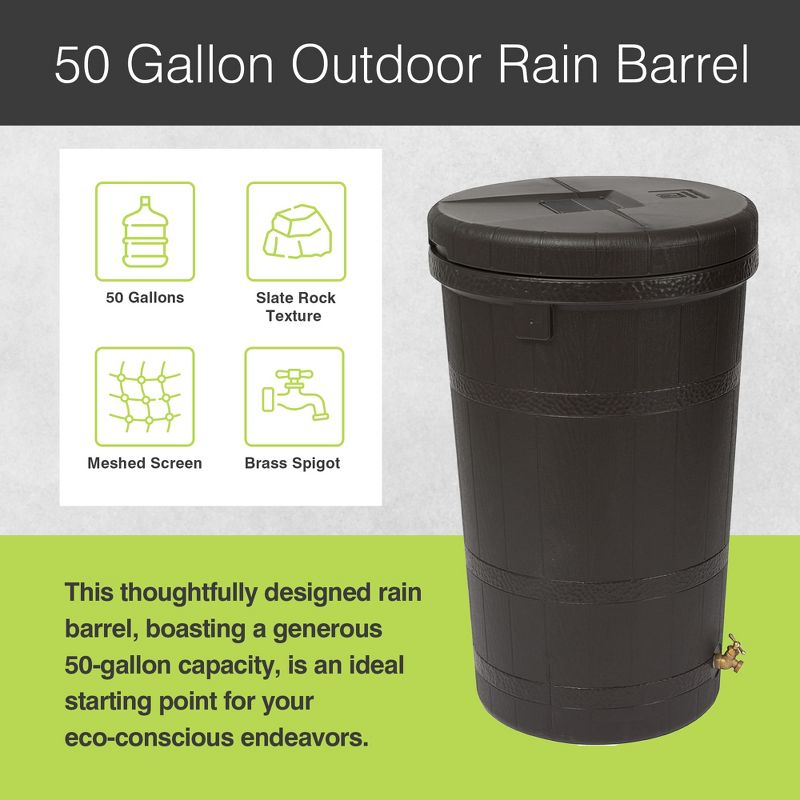 Good Ideas Aspen 50 Gallon Capacity Outdoor Rain Barrel Water Storage Collector Saver with Brass Spigot and Removable Lid, Oak Brown, 2 of 7