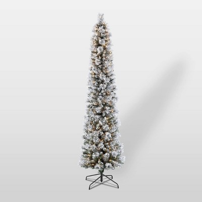 6.5ft Pre-Lit Flocked Portland Pencil Artificial Christmas Pine Tree - Puleo