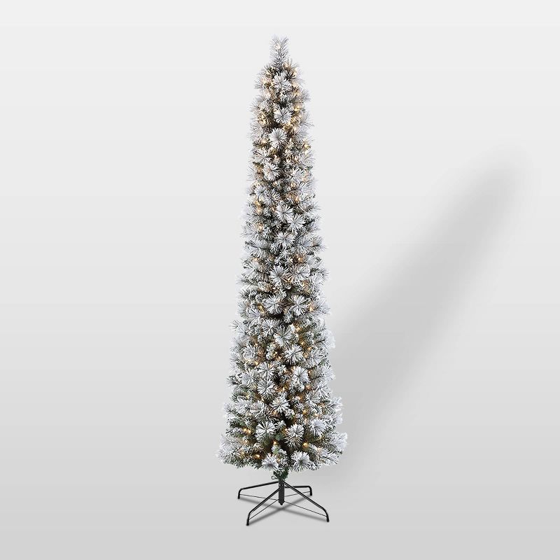 6.5ft Pre-Lit Flocked Portland Pencil Artificial Christmas Pine Tree - Puleo, 1 of 5