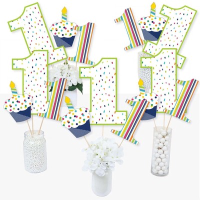 Big Dot of Happiness 1st Birthday - Cheerful Happy Birthday - Colorful First Birthday Party Centerpiece Sticks - Table Toppers - Set of 15