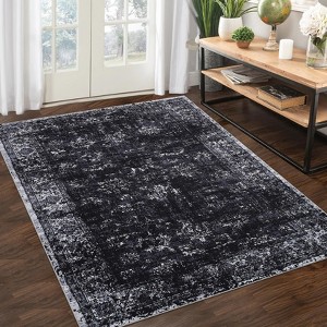 Washable Non-Slip Vintage Area Rug - Soft Pearl Velvet, Low Pile, Distressed Print, Non-Shedding - Perfect for Bedroom, Living Room - 1 of 4