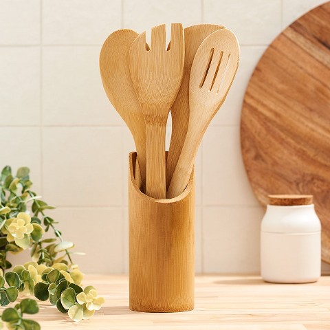 Lakeside The Lakeside Collection Kitchen Utensil Set in Bamboo with Matching Crock -