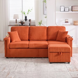 MOONMISS L-Shaped Corduroy Sectional Sofa with Pull-Out Storage,Ottoman & Pillows 3-Seat with Cup Holder for Living Room, Apartment - 1 of 4