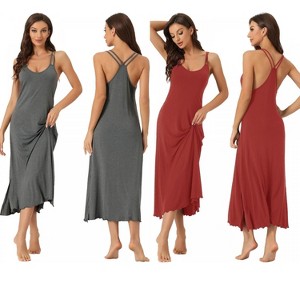 INSPIRE CHIC Women's 2 Pcs One-Piece Pajama Dress Sleeveless Backless Full Slip Camisole U Neck Midi Nightgowns X-Large Red/Gray - 1 of 4