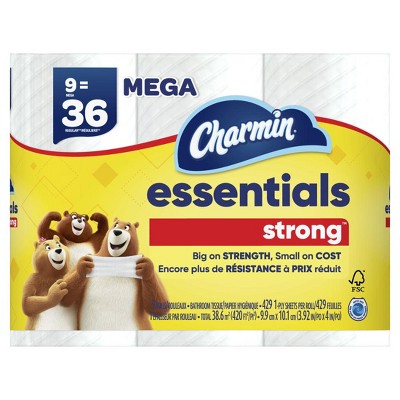 Charmin Essentials Strong Toilet Paper 9 Mega Rolls, 429 sheets per roll