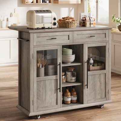 Foldable Kitchen Island Cart with Wheels, 2 Glass Doors, Spice Rack & Towel Holder – Compact Mobile Storage Cart for Small Kitchens Gray