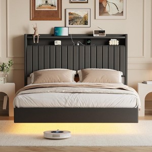 Homhougo Queen Floating Bed Frame with LED Lights & Charging Station, Upholstered PU Leather Platform Bed Frame with Storage Headboard, Black - 1 of 4
