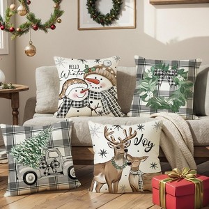 Christmas Pillow Covers 18x18 inch Set of 4 Merry Christmas Plaid Throw Pillow Cases Snowman Reindeer Wreath Tree - 1 of 4