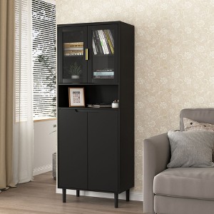 Tempered Glass Door Tall Storage Bookcase with adjustable board, 4 doors MDF painting finished cabinet, White, Living room Bedroom storage - 1 of 4