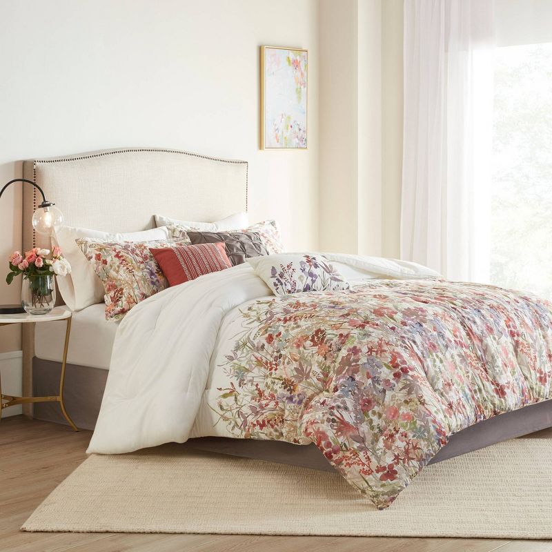 Julia 7pc Cotton Printed Comforter Set Off White/Red/Lavender, 3 of 13