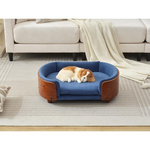 Scandinavian style Elevated Dog Bed Pet Sofa With Solid Wood legs and Walnut Bent Wood Back,Velvet Dark Blue,Small Size - 1 of 1