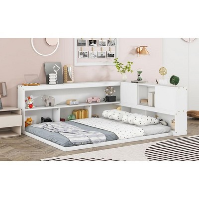CAVINAS Full Size Montessori Floor Bed,Toddler Floor Bed with L-Shaped Bookcases&Sliding Doors,Floor Bed for Girls & Boys,No Box Spring Needed