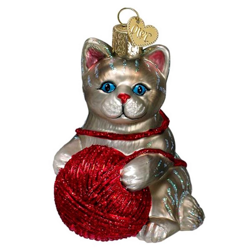 Old World Christmas 3.5 Inch Playful Kitten Grey/Red Ornament Ball Yarn Tree Ornaments, 1 of 4