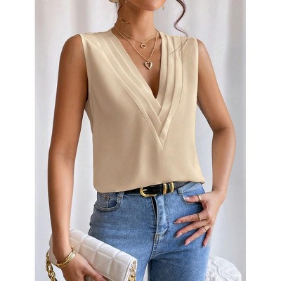 Womens Tank Tops Deep V Neck Blouse Pleated Business Office Tops Sleeveless Formal Tops Elegant Vest