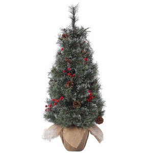 3ft Artificial Xmas Tree with 78 Warm White LED Lights, Pine Cones, Red Berries, Burlap Base, Small Tabletop Holiday Tree - 1 of 4