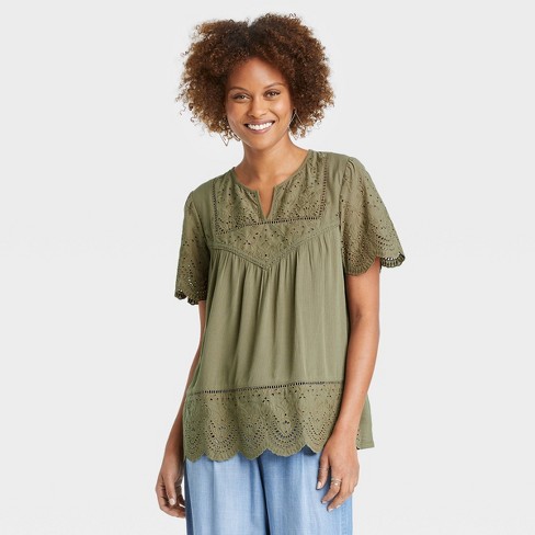 Women Embroidery Shirt Tops Eyelets Summer Short Sleeve Blouse T-Shirt Plus Size