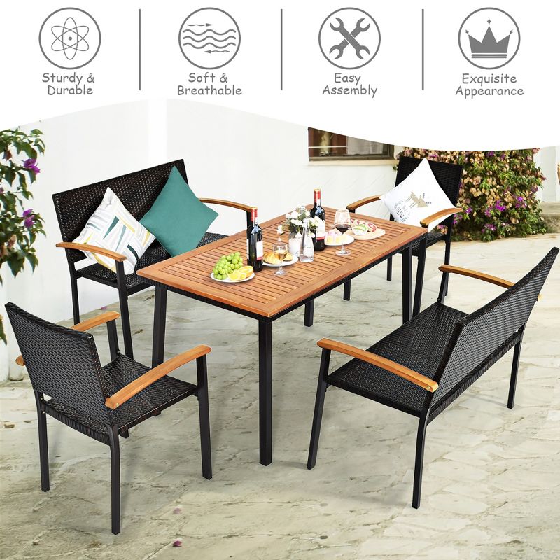 Costway 5PC Patio Rattan Dining Set Acacia Wood Table Top Stackable Chair Bench, 3 of 11
