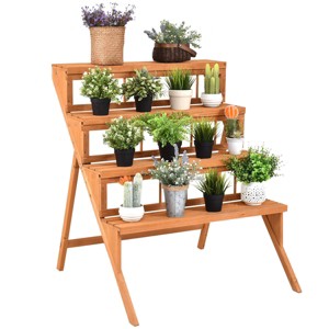 Costway 4 Tier Wood Plant Stand Flower Pot Holder Display Shelves Rack Stand Ladder Step - 1 of 4