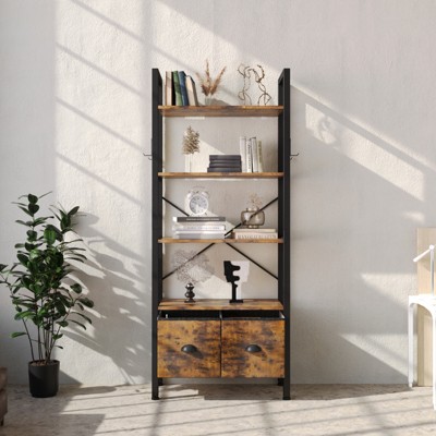 Aoxun 5-Tier Bookshelf with 2 Storage Drawers, Industrial Display Standing Shelf with Metal Frame
