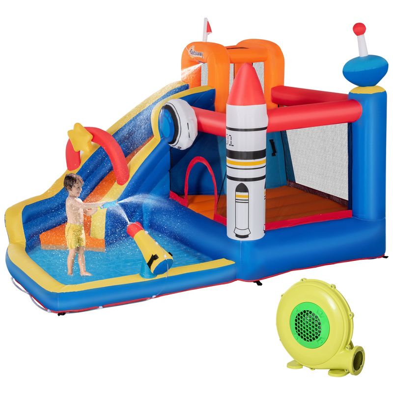 Outsunny 5-in-1 Inflatable Water Slide Kids Bounce House Space Theme Includes Slide Trampoline Pool Cannon Climbing Wall with 450W Air Blower, 1 of 7