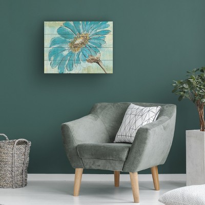 Spa Daisies Blue and Beige Mixed Media Wood Slat Art