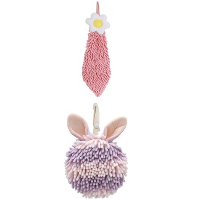 REGALWOVEN 2 Packs Soft Absorbent Flower and Rabbit Shape Decorative Chenille Hand Towel for Bathroom 6" x 15"/7" x 7"