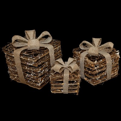 Brown Rattan Lighted Gift Boxes with Burlap Bows Set