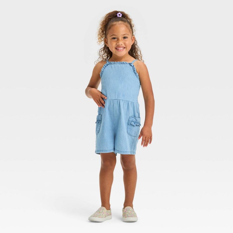 Toddler Girls' Chambray Denim Romper - Cat & Jack™ Blue, 1 of 8