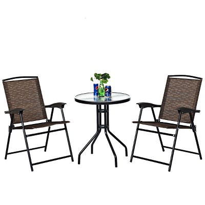 Costway 3PC Bistro Patio Garden Furniture Set 2 Folding Chairs Glass Table Top Steel