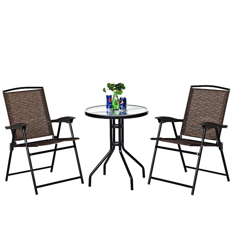 Costway 3PC Bistro Patio Garden Furniture Set 2 Folding Chairs Glass Table Top Steel, 1 of 11