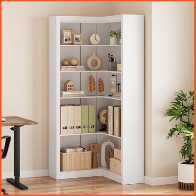 Corner Bookshelf, 71.8'' Farmhouse Corner Bookcase, L-Shaped Bookshelf Large Bookcase, 5 Tier Display Shelf Heavy