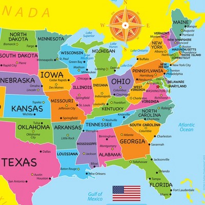 Colorful USA Map Learning Placemat for Kids, 13" x 19", Pack of 10