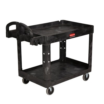 Rubbermaid Commercial FG452088BLA 25.9 in. x 45.2 in. x 32.2 in. 500 lbs. Capacity 2 Lipped Shelves Heavy-Duty Plastic Utility Cart - Black