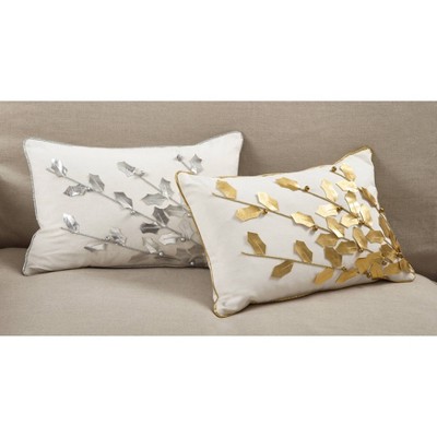 Soft Silver Poinsettia Branch Cotton Lumbar Throw Pillow