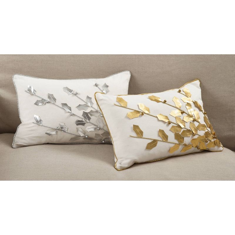 12&#34;x18&#34; Metallic Poinsettia Branch Design Holiday Cotton Poly Filled Lumbar Throw Pillow Silver - Saro Lifestyle, 4 of 5