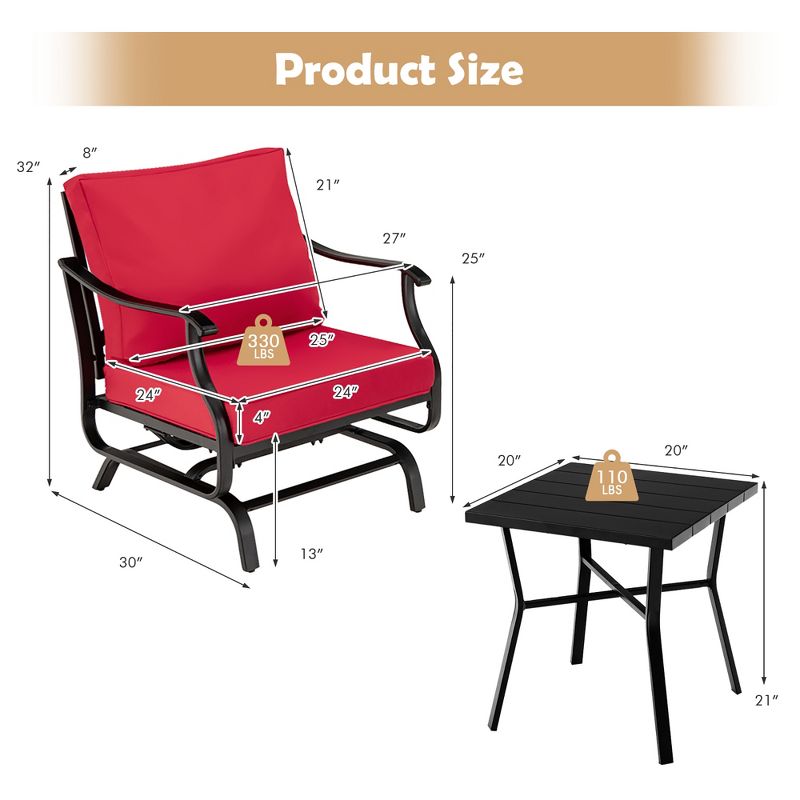 Costway 3PCS Patio Rocking Bistro Set Cushioned Chair Armrest Side Table Red, 3 of 10