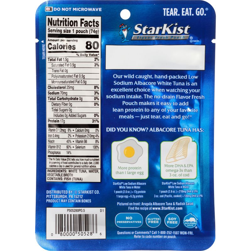 StarKist Low Sodium Albacore White Tuna in Water Pouch - 2.6oz, 2 of 4