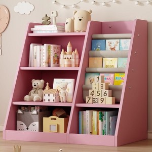 ALEXOUN Wooden Kids Bookshelf with Sling Book Rack - 4-Tier Bookcase & Toy Storage Organizer,Space-Saving Design for Toddler Room, Playroom - 1 of 4