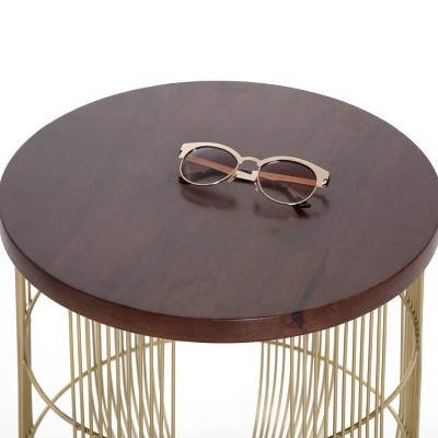 Maxwell Gold Metal Wire Base Round Side Table with Dark Brown Wood Top